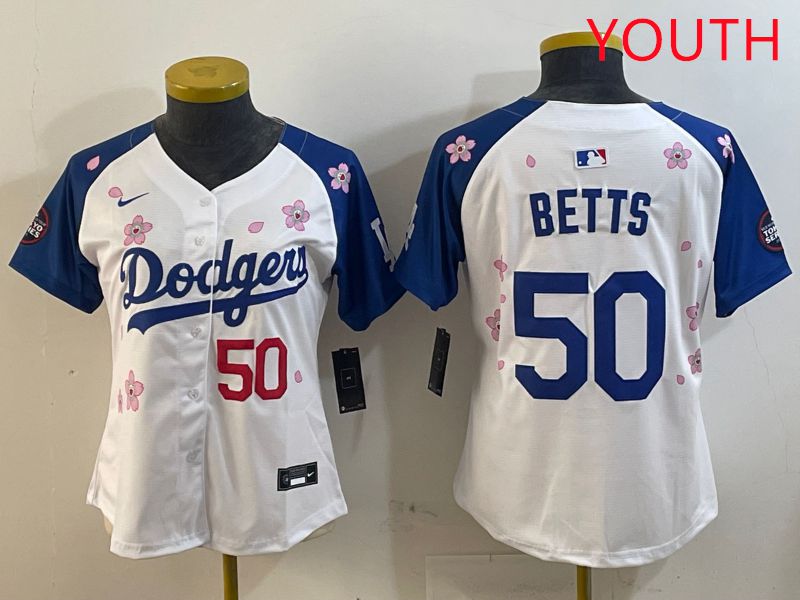 Youth Los Angeles Dodgers #50 Betts White Blue Sakura Edition 2025 Nike MLB Jersey style 7